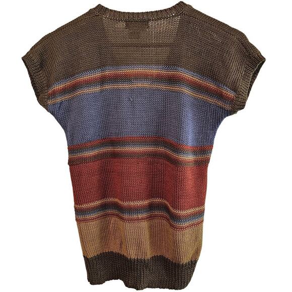 Vintage 80s Sweater Womens Medium Brown Knit Short Sleeve V-Neck Mod Striped - Picture 2 of 7